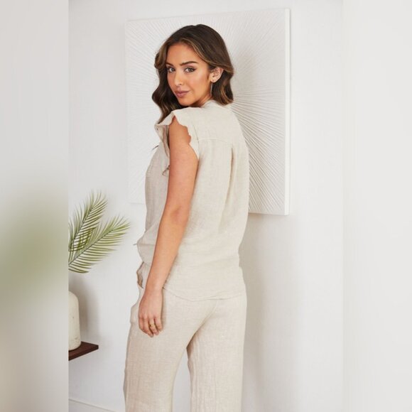 (8093-RED) SOLID RUFFLE SHORT SLEEVE CHEST POCKET BUTTON DOWN LINEN TOP - Picture 5 of 6